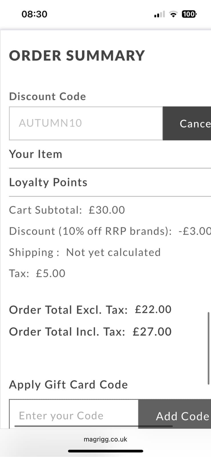 Screenshot of the Griggs discount code working
