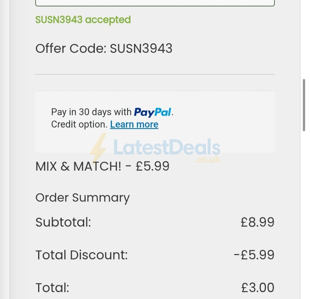 Screenshot of the Suttons discount code working