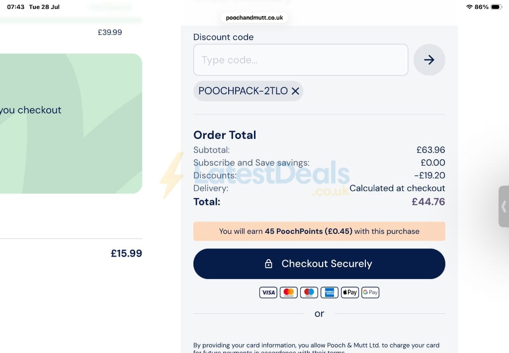 Screenshot of the Pooch & Mutt discount code working