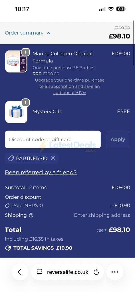 Screenshot of the Reverse Life discount code working