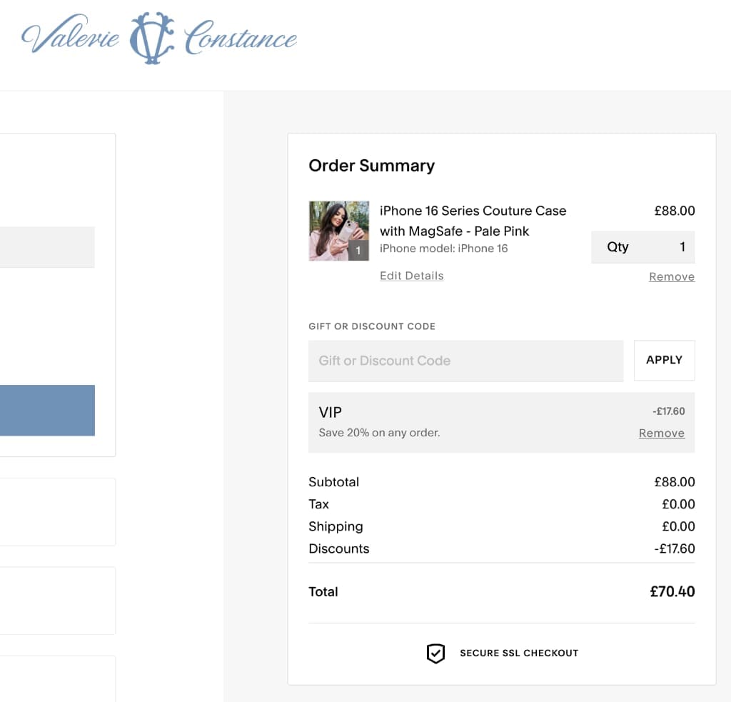 Screenshot of the Valerie Constance discount code working