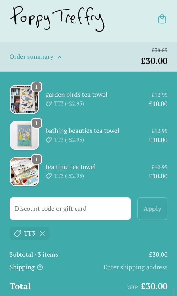 Screenshot of the Poppy Treffry discount code working