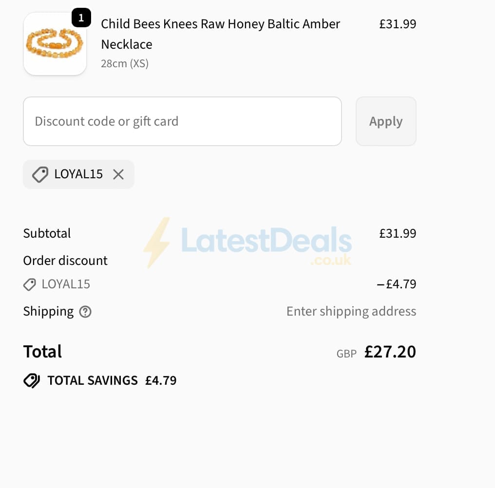 Screenshot of the Love Amber X discount code working