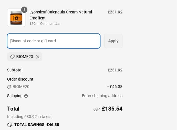 Screenshot of the Lyonsleaf discount code working