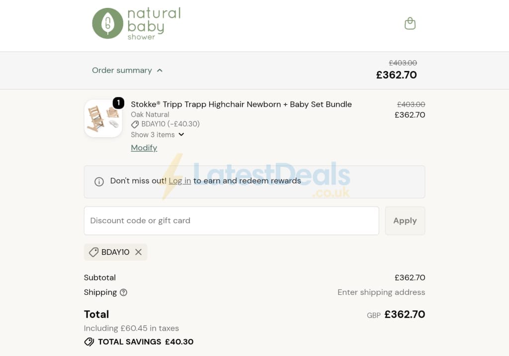 Screenshot of the Natural Baby Shower discount code working