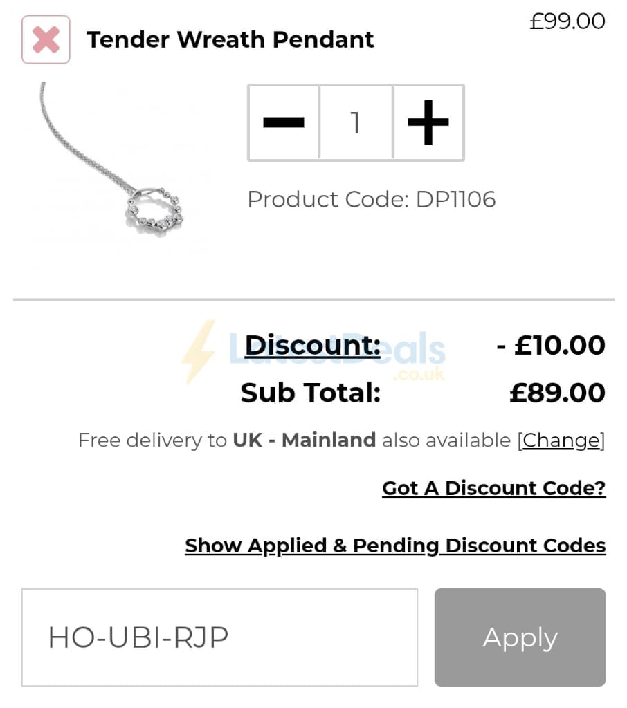 Screenshot of the Hot Diamonds discount code working
