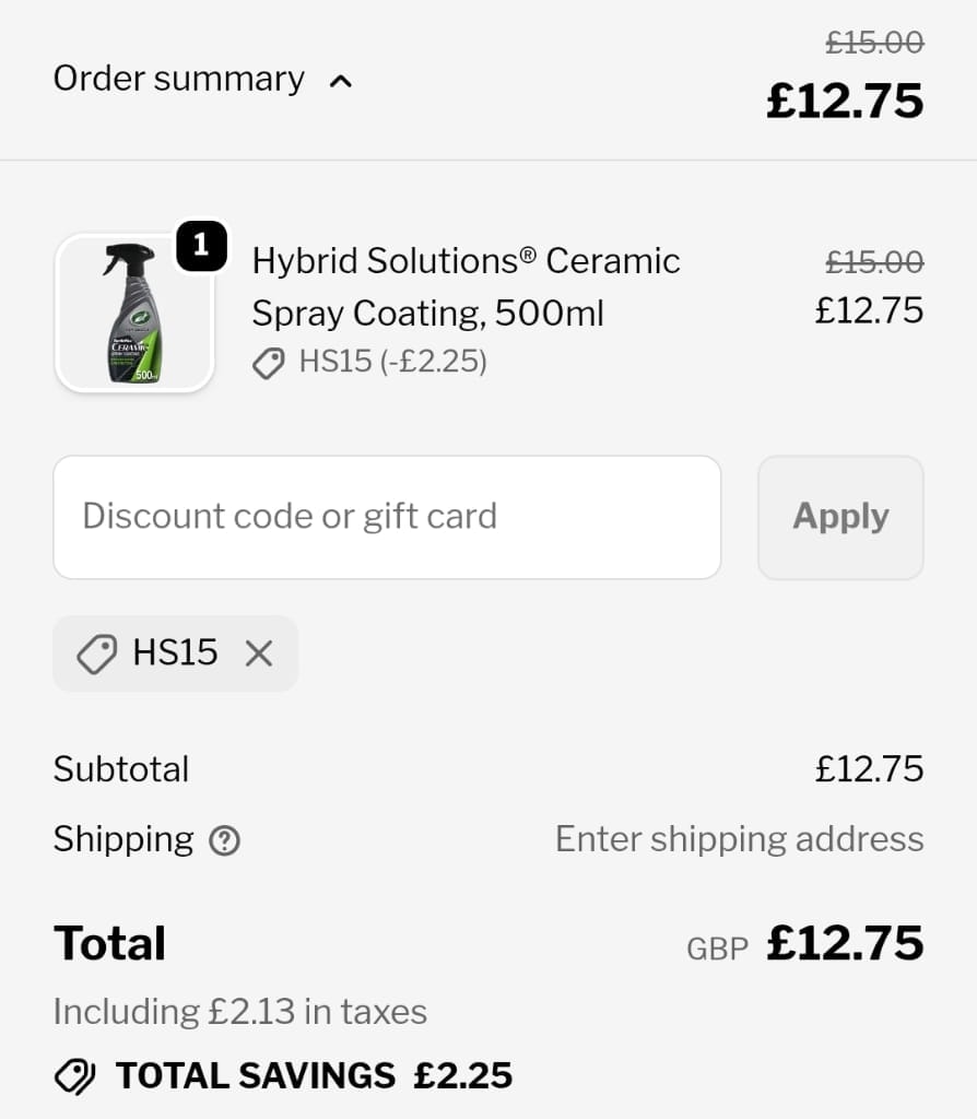 Screenshot of the Turtlewax discount code working