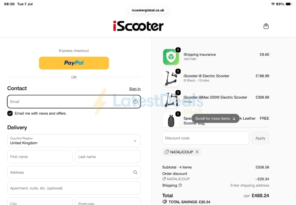 Screenshot of the iScooter discount code working