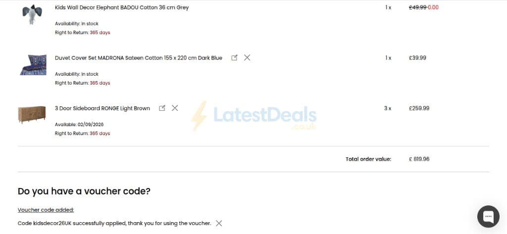 Screenshot of the Beliani discount code working