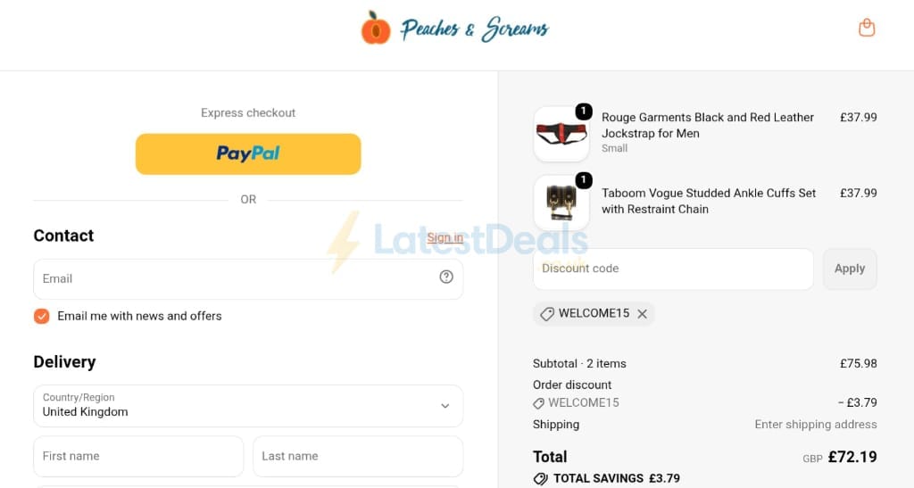 Screenshot of the Peaches and Screams discount code working