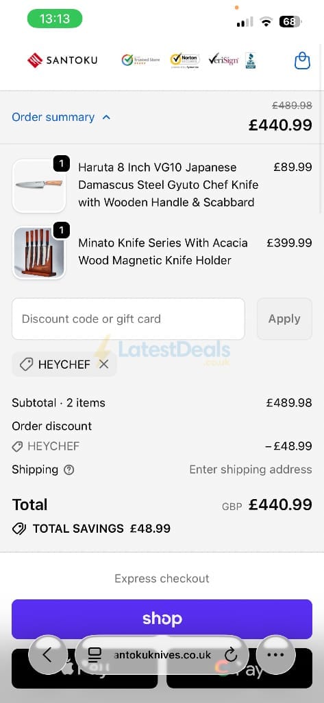 Screenshot of the Santoku Knives discount code working