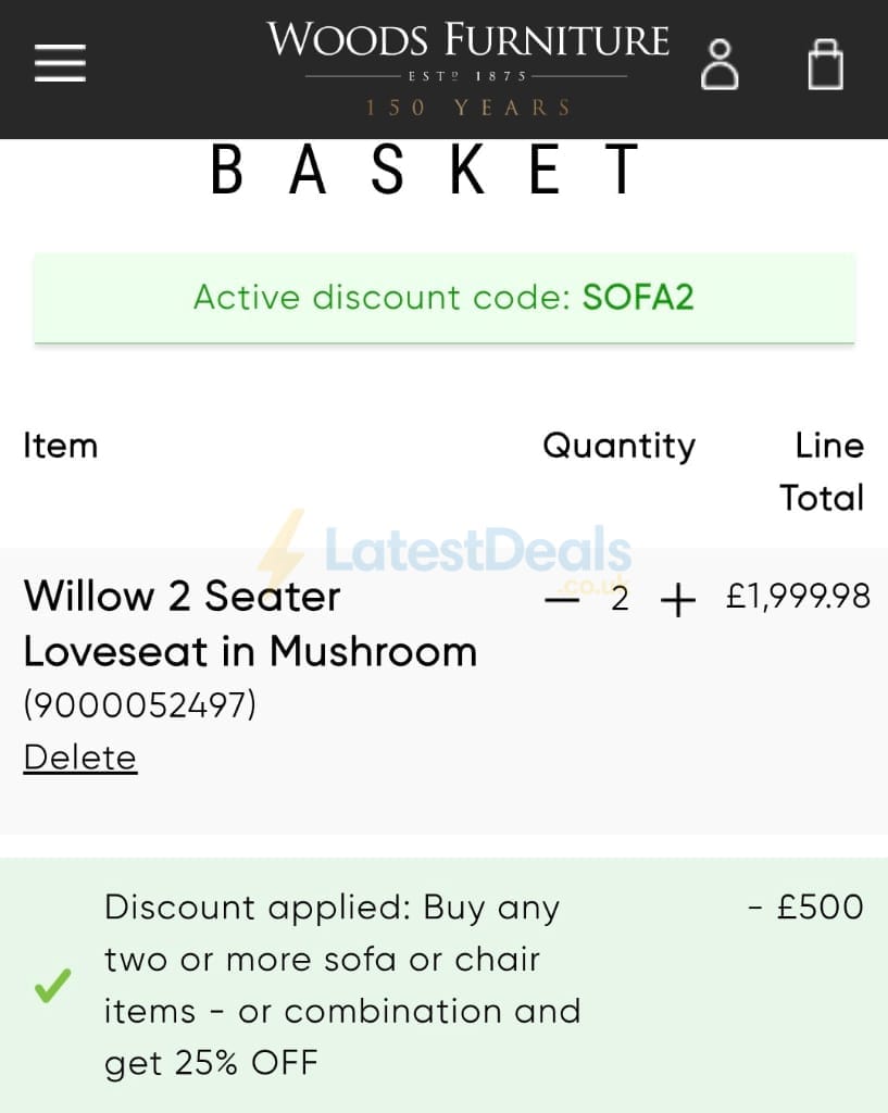 Screenshot of the Woods Furniture discount code working