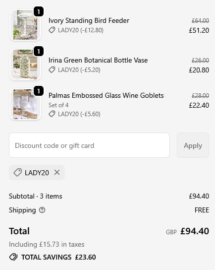 Screenshot of the Dibor discount code working