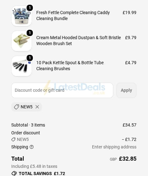 Screenshot of the The Dustpan and Brush Store discount code working