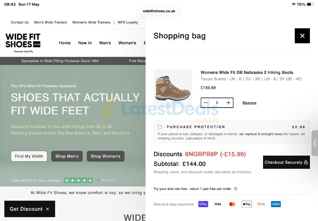Screenshot of the Wide Fit Shoes discount code working