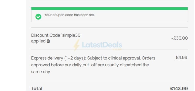 Screenshot of the Simple Online Pharmacy discount code working