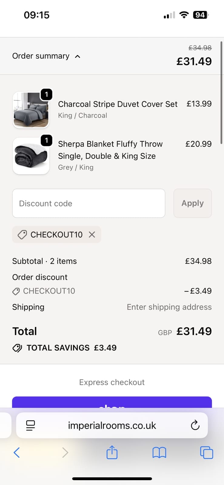 Screenshot of the Imperial Rooms discount code working