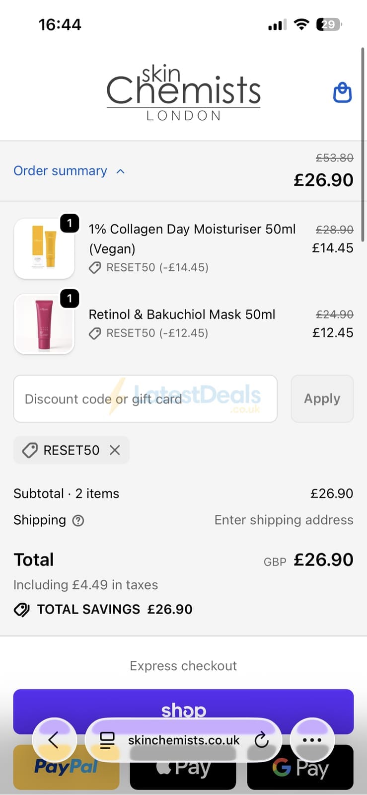 Screenshot of the skinChemists discount code working