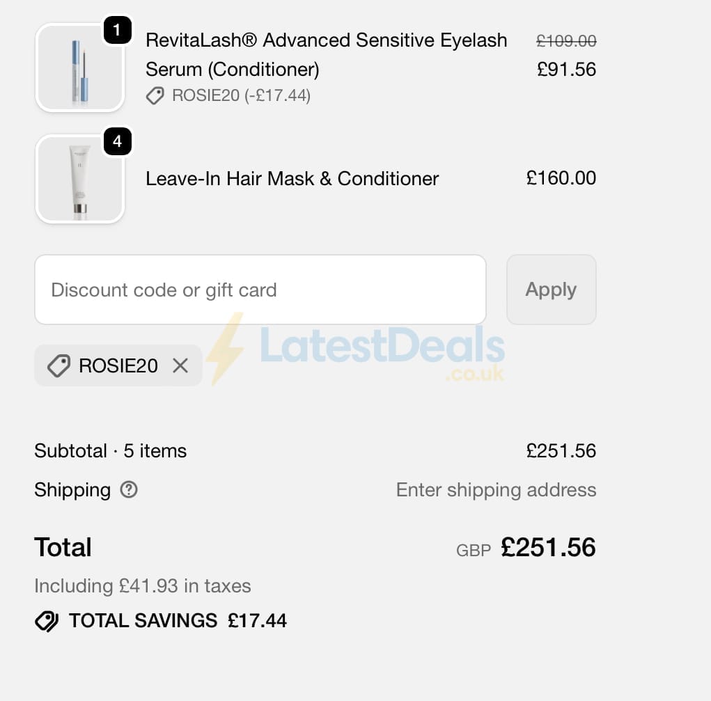 Screenshot of the RevitaLash discount code working
