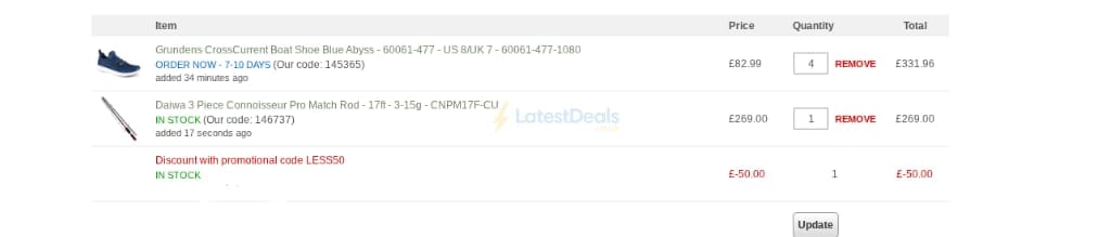 Screenshot of the Uttings discount code working