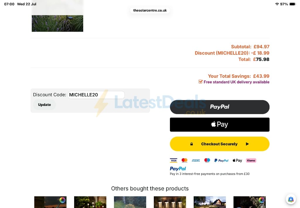Screenshot of the Solar Centre discount code working