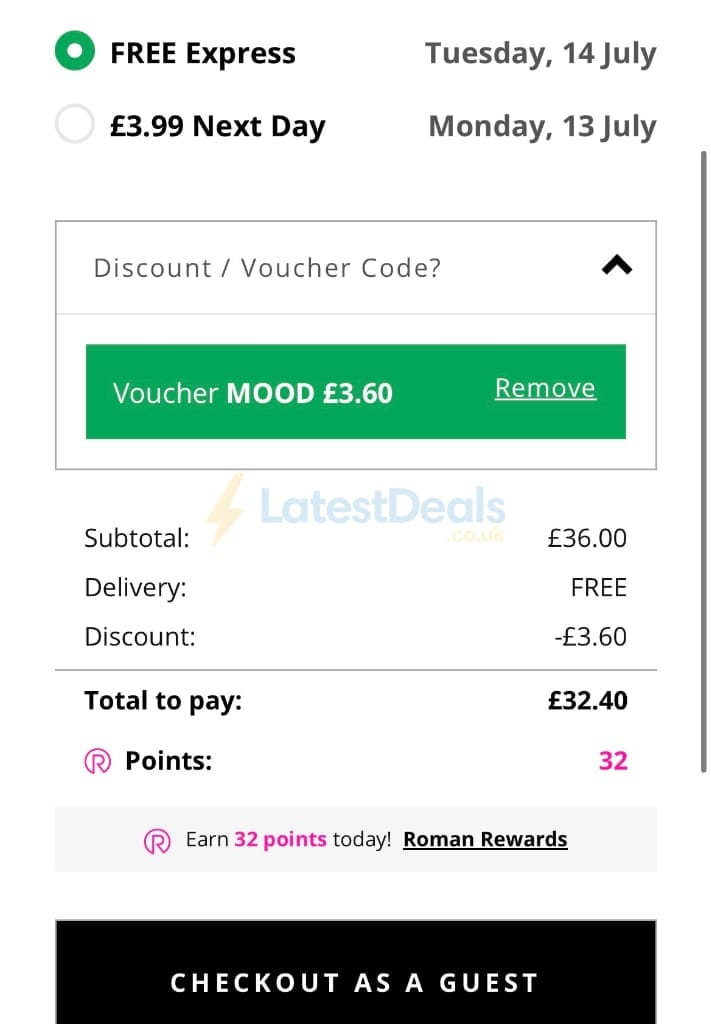 Screenshot of the Roman discount code working