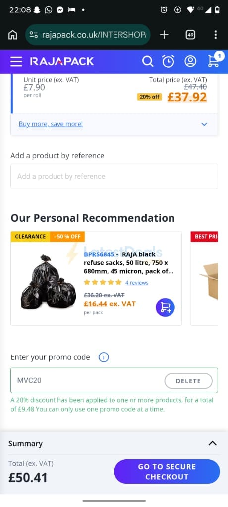 Screenshot of the RAJA discount code working