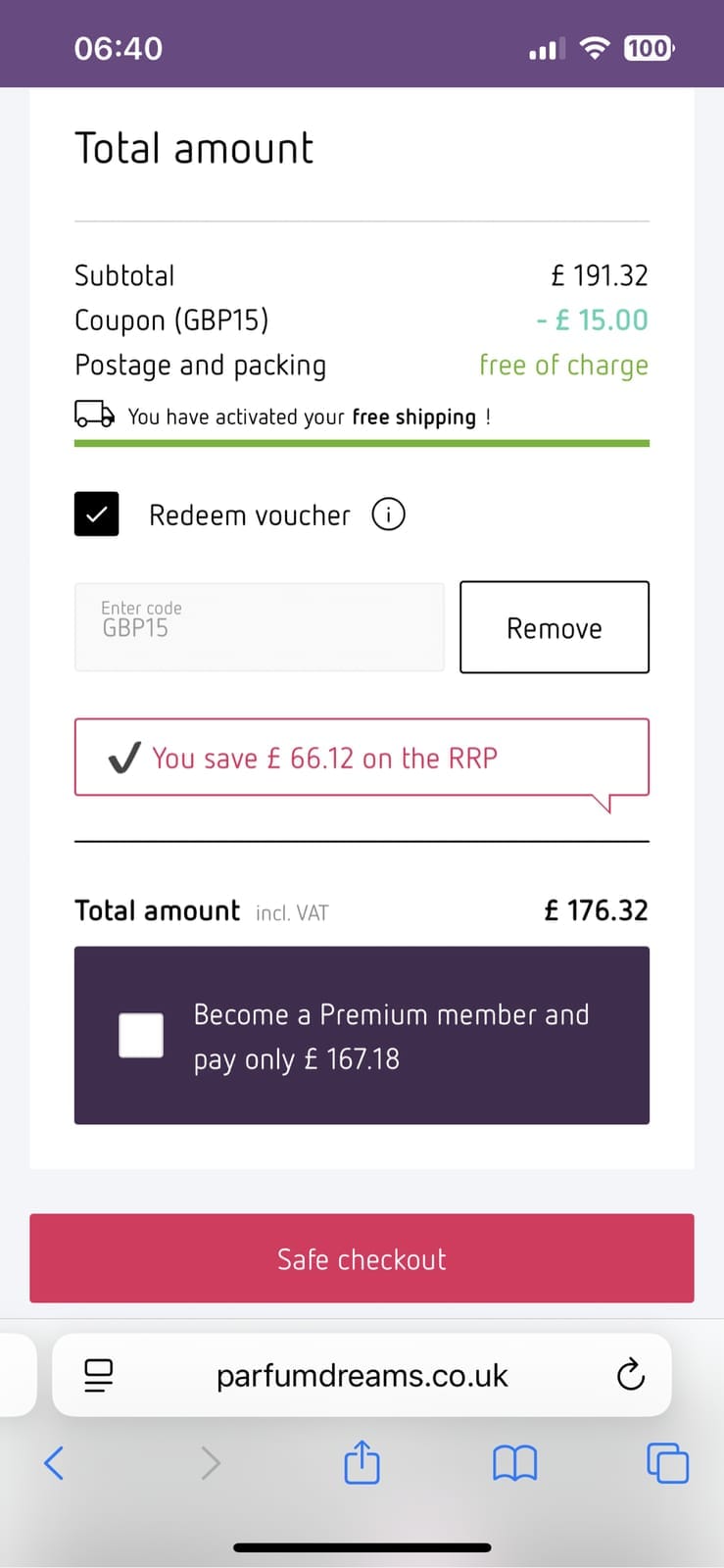 Screenshot of the Parfumdreams discount code working