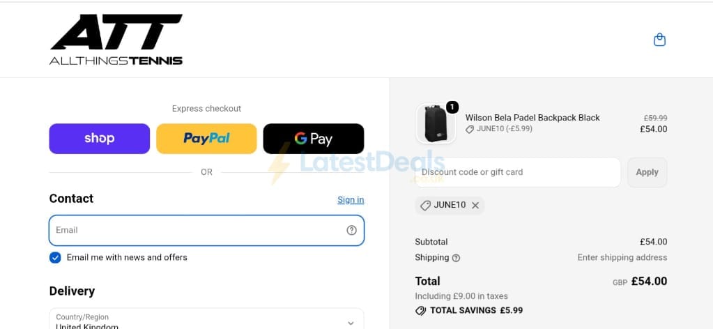 Screenshot of the All Things Tennis discount code working