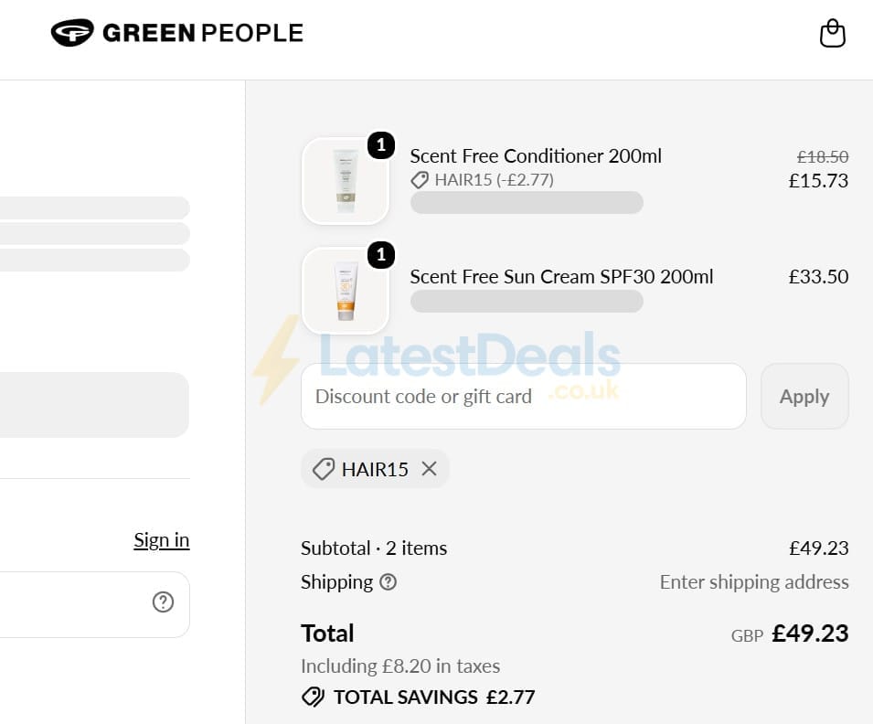 Screenshot of the Green People discount code working