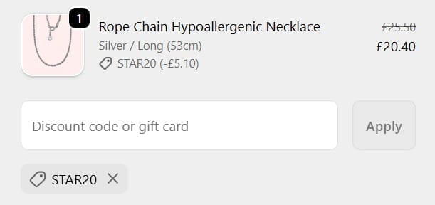 Screenshot of the Solace Jewellery discount code working