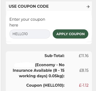 Screenshot of the Raw Powders discount code working