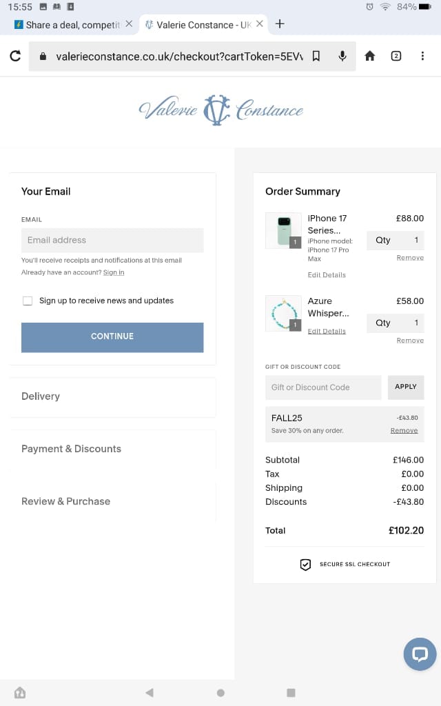 Screenshot of the Valerie Constance discount code working
