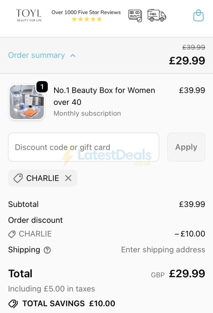 Screenshot of the Toyl discount code working