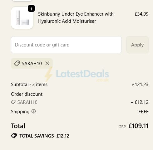 Screenshot of the Skinbunny discount code working