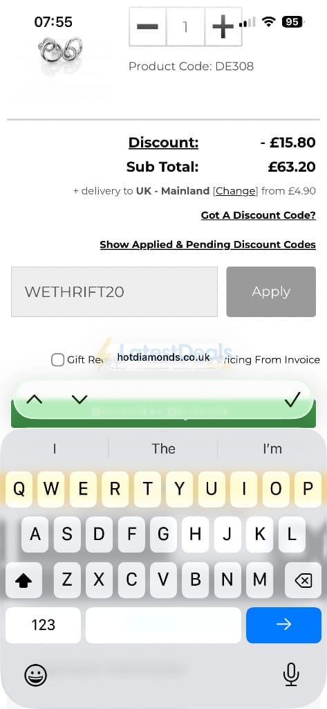Screenshot of the Hot Diamonds discount code working