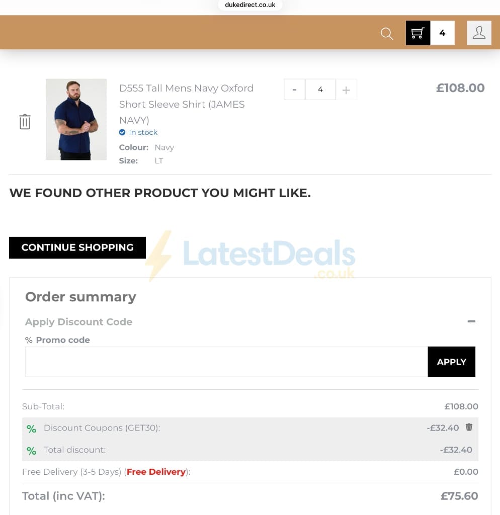 Screenshot of the Duke Direct discount code working