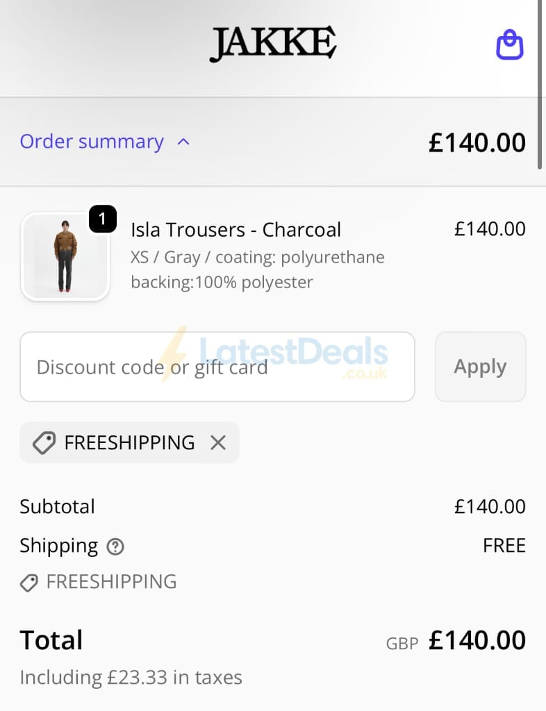 Screenshot of the Jakke discount code working