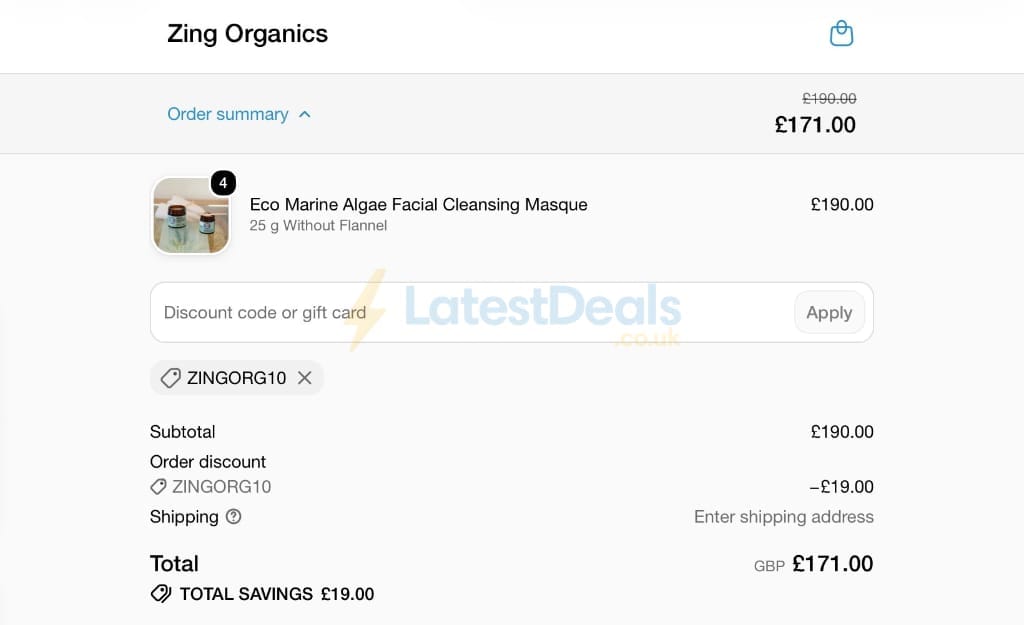 Screenshot of the Zing Organics discount code working