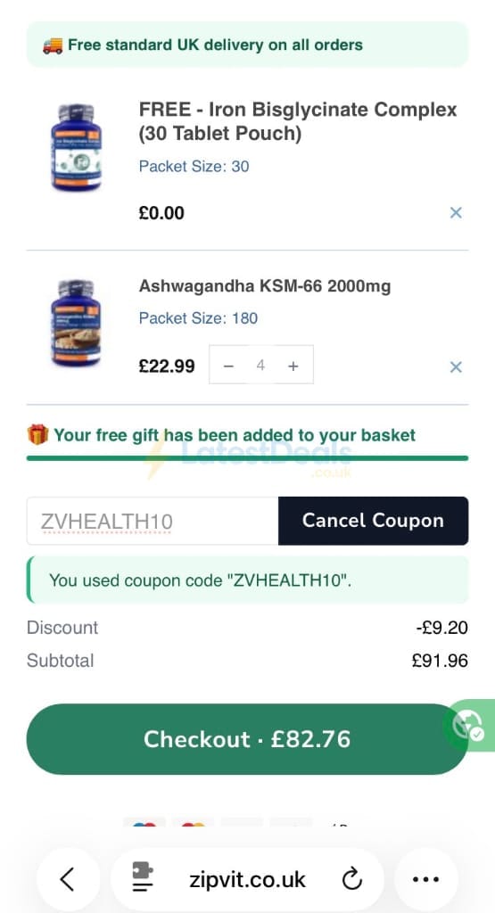 Screenshot of the ZipVit discount code working