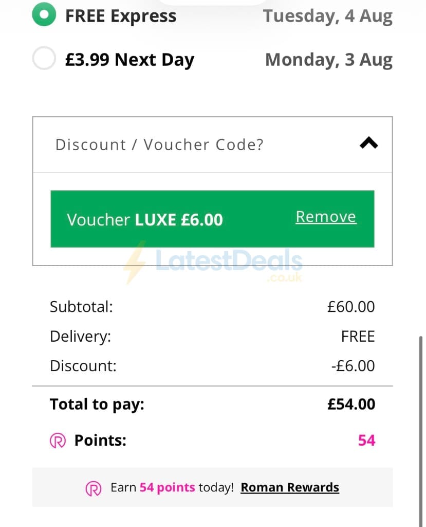 Screenshot of the Roman discount code working