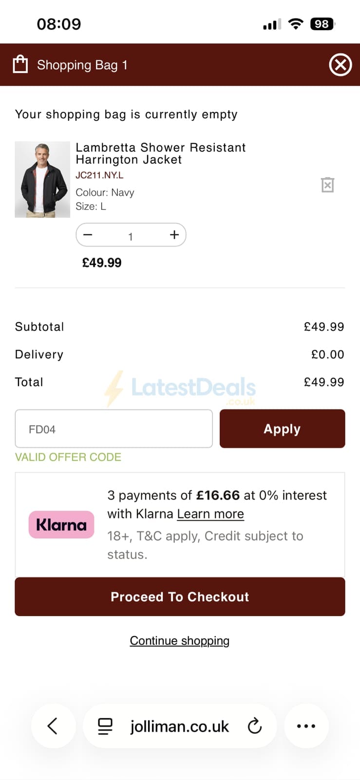 Screenshot of the Jolliman discount code working