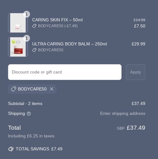 Screenshot of the Nursem discount code working