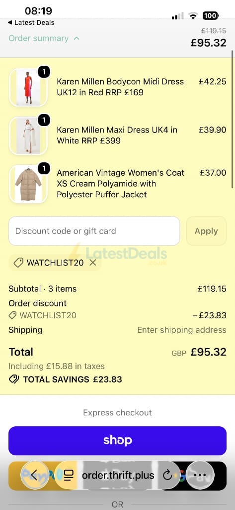 Screenshot of the Thrift+ discount code working