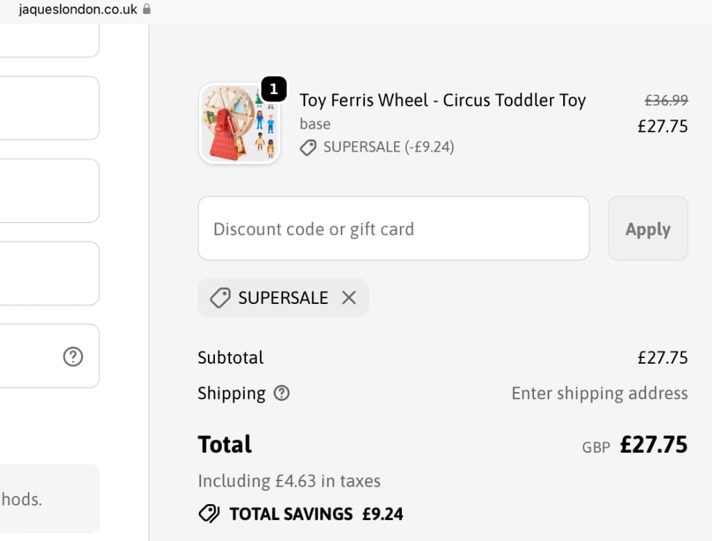 Screenshot of the Jaques London discount code working