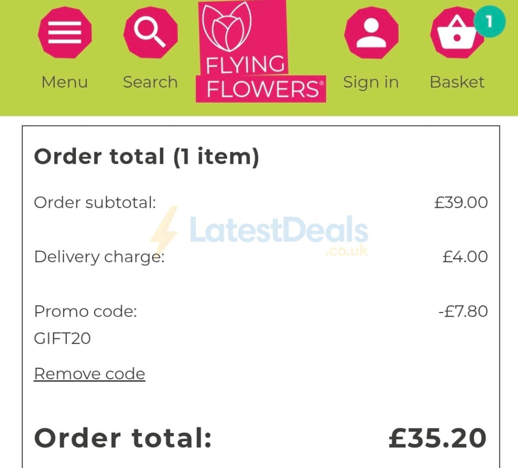 Screenshot of the Flying Flowers discount code working
