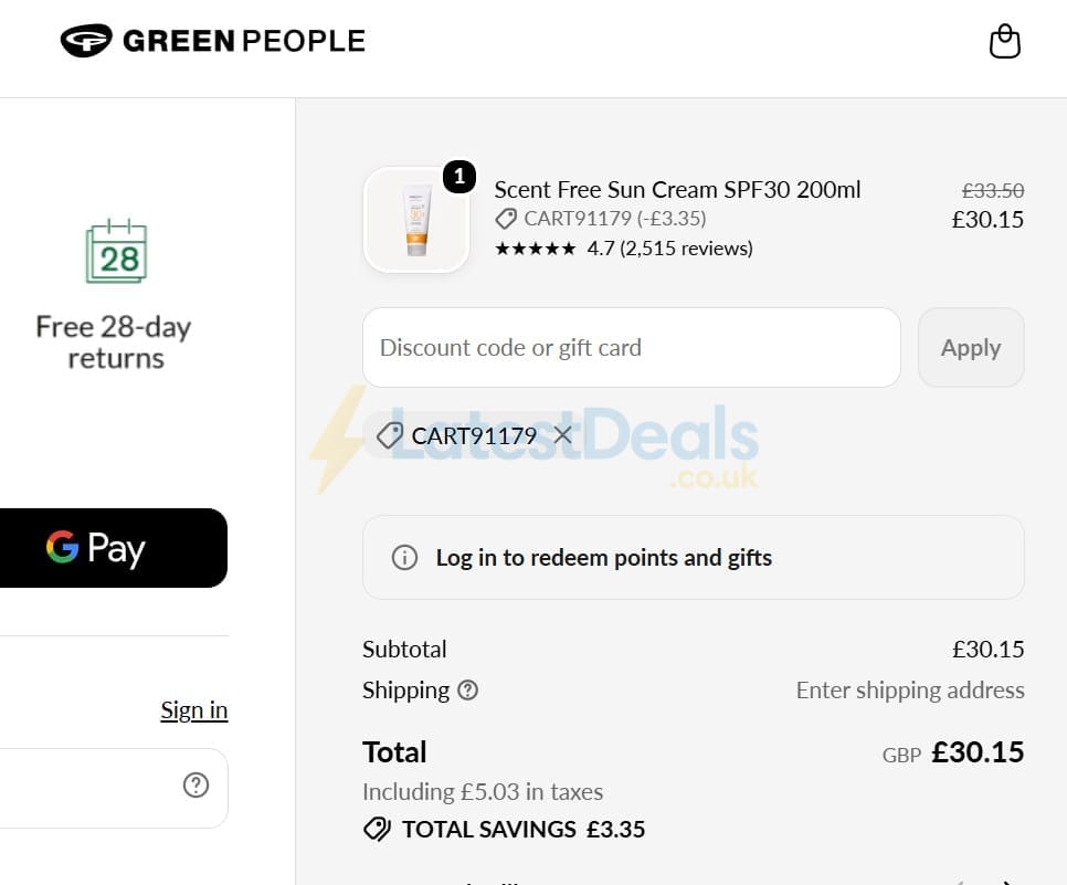 Screenshot of the Green People discount code working