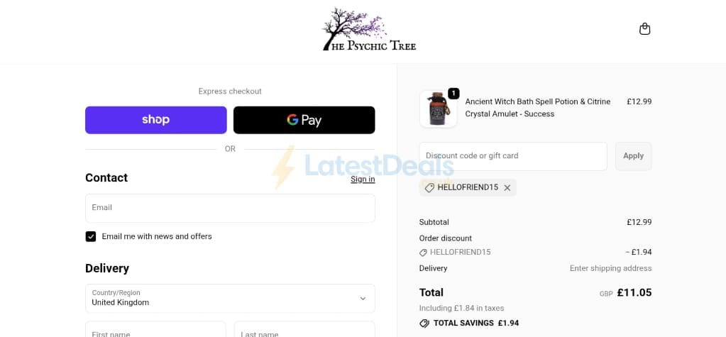 Screenshot of the The Psychic Tree discount code working