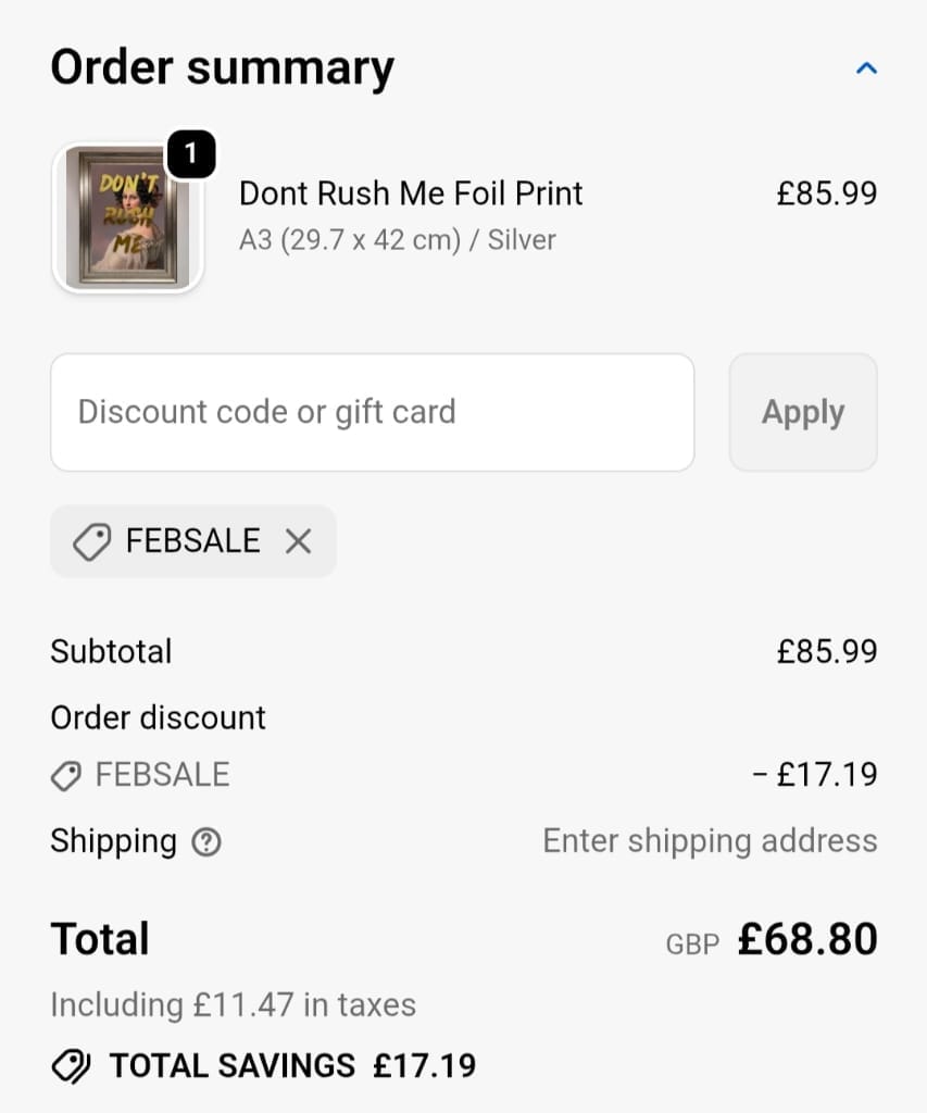 Screenshot of the Wall Art Direct discount code working