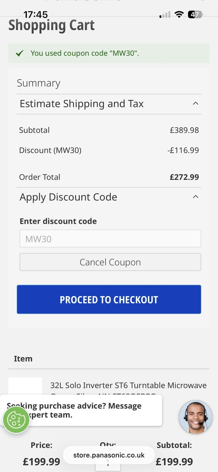 Screenshot of the Panasonic discount code working